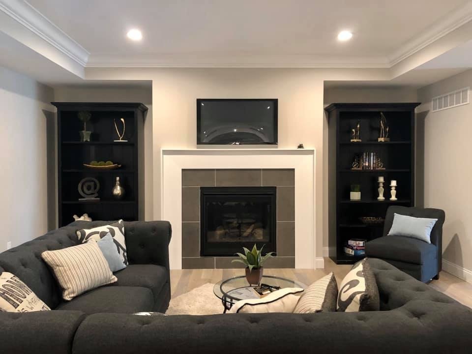Vacant staging, Brookshire new build: living room staged around the fireplace and built-in shelving